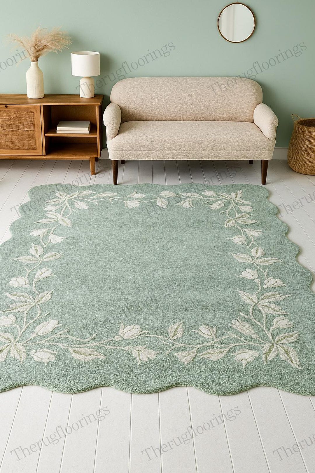 Large Alternative Rug Hand Tufted Light Sage Scallop Floral Alternative 100% Nz Wool Rug 5x8 ...