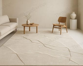 Minimalist ivory high low pile Alternative 100% Nz Wool Rug 5x8 6x9 7x10 8x10 9x12 10x14 Feet Large Area Rug, Rug for any Room.