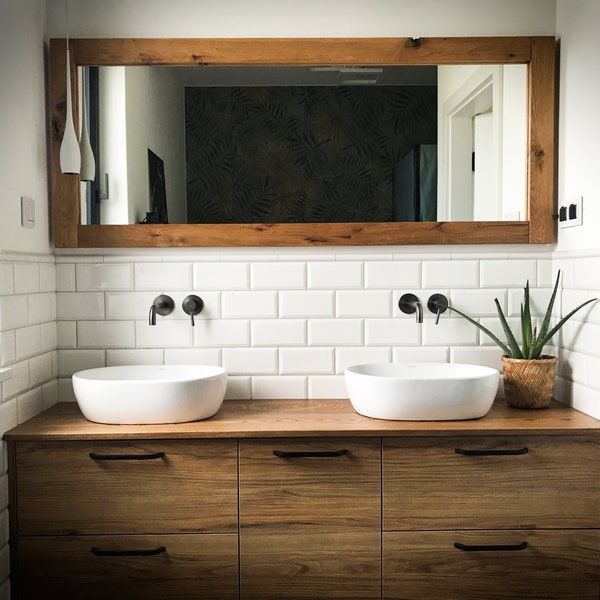 Miroir mural de salle de bain avec cadre en chêne, bois rustique