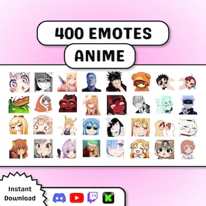 以下が含まれることがあります： グリッド形式で表示された400種類のアニメ風エモートのデジタルコレクション。画像には、さまざまな表情やポーズをとったカラフルなキャラクターイラストが多数含まれています。上部中央に「400 EMOTES ANIME」というテキストが表示されています。