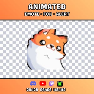 Könnte beinhalten: Ein animiertes digitales Emote mit einem stilisierten orange-weißen Fuchskopf mit großen dunklen Augen und einem kleinen weißen Herzsymbol über dem Kopf. Der Text ANIMATED EMOTE - FOX - ALERT steht oben, mit Plattform-Symbolen und den Maßen 28x28, 56x56, 112x112 unten.