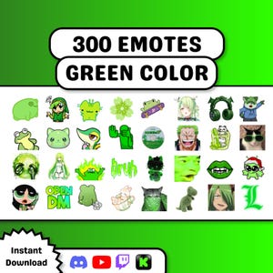May include: A digital collection of 300 green-themed emotes featuring various cartoon characters, animals, and text elements like 'bruh' and 'OPEN DM'. The graphic displays a grid of diverse icons in shades of green, including frogs, cats, and anime-style figures, designed for online messaging platforms.