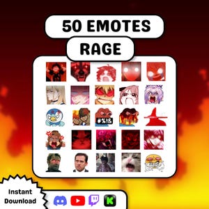 Peut inclure: Une collection numérique de 50 émoticônes intitulée 50 EMOTES RAGE, présentant une grille de divers personnages animés, animaux et personnes affichant des expressions de colère dans des tons rouges et sombres, avec des icônes en dessous.