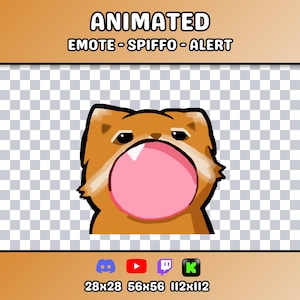 Peut inclure: Une émoticône numérique animée représentant un raton laveur brun avec une grande bulle de chewing-gum rose dans la bouche. Le texte en haut indique ANIMATED EMOTE - SPIFFO - ALERT, avec des icônes Discord, YouTube, Twitch et Kick en bas.