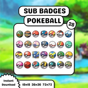 Peut inclure: Une collection numérique de 28 badges ronds Pokeball disposés en grille. Chaque icône présente un schéma de couleurs et un motif uniques, incluant des designs rouges, bleus, verts et jaunes. Le texte indique SUB BADGES POKEBALL, 28, et Instant Download 18x18 36x36 72x72.