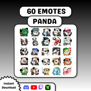 Puede incluir: Una colección digital de 60 emoticonos de panda con diversas expresiones y disfraces. El gráfico muestra una cuadrícula de pequeños personajes panda de dibujos animados coloridos con diversos accesorios, incluyendo sombreros, gafas y objetos, etiquetada 60 EMOTES PANDA.