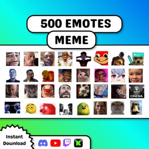 Puede incluir: Una colección digital de 500 memes con varios iconos, personajes y rostros de internet dispuestos en una cuadrícula. El texto superior dice 500 EMOTES MEME, y la parte inferior incluye iconos para las plataformas Discord, YouTube, Twitch y Kick.