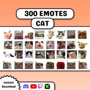Könnte beinhalten: Eine digitale Sammlung von 300 Katzen-Emotes mit verschiedenen Gesichtsausdrücken, Posen und Reaktionen. Die Grafik enthält den Text 300 EMOTES CAT und Instant Download sowie Symbole für Discord, YouTube, Twitch und ein grünes K-Symbol.