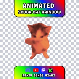 Peut inclure: Un graphique numérique représentant un petit chaton orange et blanc centré sur un fond transparent. Au-dessus du chaton, une bannière aux couleurs de l'arc-en-ciel affiche le texte ANIMATED SCUBA CAT RAINBOW. En dessous, une seconde bannière liste des icônes.