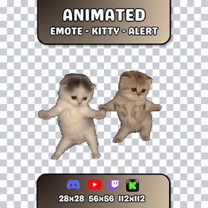 May include: An animated digital graphic featuring two kittens standing on their hind legs, with text at the top reading ANIMATED EMOTE - KITTY - ALERT and icons for Discord, YouTube, Twitch, and Kick at the bottom with 28x28, 56x56, 112x112 labels.