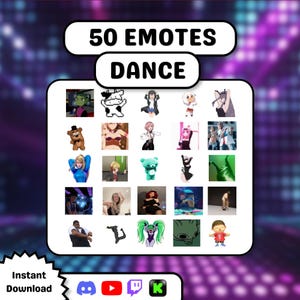 May include: A digital collection of 50 dance emotes featuring various animated characters, pixel art, and figures in a grid layout. The text 50 EMOTES DANCE is displayed at the top, with social media icons and the text Instant Download at the bottom.