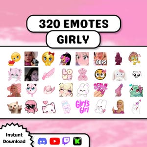 May include: A digital collection of 320 girly emotes featuring various pink-themed icons, cartoon characters, emojis with bows, animals, and text graphics. The display includes diverse illustrations, photographic snippets, and symbols for online use.
