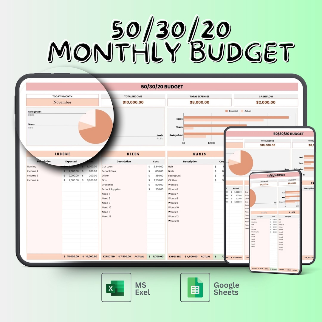 50/30/20 Budget Spreadsheet Excel Google Sheets Monthly Budget Planner ...