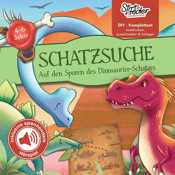 Schatzsuche Dinosaurier inkl. Hörspiel | Fertige Schnitzeljagd Vorlage als PDF zum Ausdrucken | Schatzsuche Kindergeburtstag ab 4-6 Jahren