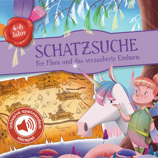 Schatzsuche Fee Flora Einhorn inkl. Hörspiel | Schnitzeljagd Vorlage als PDF zum Ausdrucken | Schatzsuche Kindergeburtstag ab 4-6 Jahren