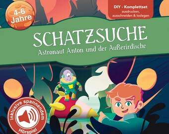May include: A green and yellow rocket ship with a green alien character standing on top. A boy with red hair is reaching out to the rocket ship. The text on the image reads "Schatzsuche Astronaut Anton und der Außerirdische" and "4-6 Jahre".