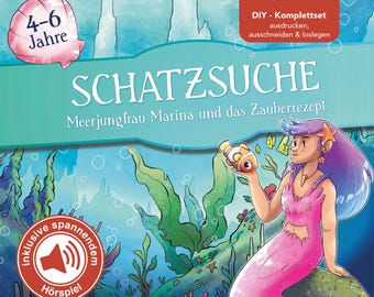 Búsqueda del tesoro de la sirena con reproducción de audio | Plantilla de búsqueda del tesoro lista para usar en formato PDF para imprimir | Búsqueda del tesoro para cumpleaños infantiles de 4 a 6 años