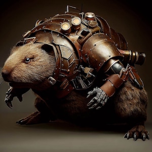 Könnte beinhalten: Ein braunes, pelziges Nagetier, das eine Steampunk-Rüstung aus Metall mit Zahnrädern und Zahnrädern trägt. Der Anzug hat einen braunen Lederriemen und ein Metallrohr auf der Rückseite.