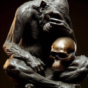 Può includere: Una scultura in bronzo di uno scimpanzé seduto con la testa tra le mani, che tiene un teschio umano in bronzo in grembo. Lo scimpanzé sembra essere in uno stato di contemplazione o tristezza.