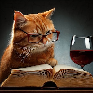 Studious cat wearing glasses reading book