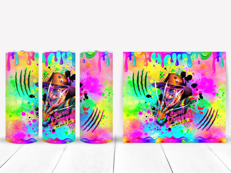 May include: A colorful sublimation design featuring a horror movie character with a knife and the text "Sweet Dreams Are Made Of This". The design is perfect for a tumbler or other sublimation projects.