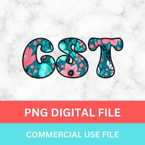 May include: A digital file featuring the letters "CST" in a teal blue color with a floral pattern in pink and turquoise. The letters are outlined in black. The text "PNG DIGITAL FILE" and "COMMERCIAL USE FILE" are displayed below the letters.
