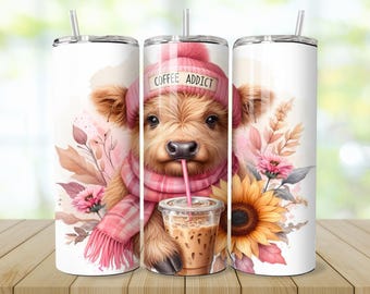 コーヒーアディクトハイランドカウ20オンスタンブラーラップスキニータンブラーデザイン20オンススキニータンブラー昇華タンブラーラップコーヒータンブラーラップスキニー