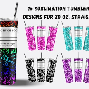May include: 16 sublimation tumbler designs for 20 ounce straight tumblers. The designs feature a composition book pattern in various colors, including pink, teal, black, and purple.