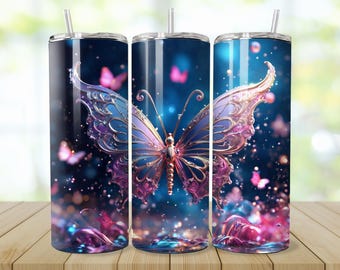 Colorful Butterfly 20 oz Skinny Tumbler Sublimation Design, Instant Digital Download PNG, Straight Tumbler Wrap PNG, Butterfly Tumbler