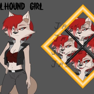 Puede incluir: Ilustración digital de un personaje de dibujos animados, "Hell Hound Girl", con cabello rojo y apariencia de lobo. La imagen incluye una exhibición en forma de diamante de las cinco emociones del personaje: neutral, feliz, triste, enfadado y avergonzado.