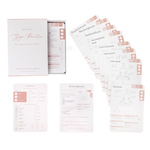A set of 10 yoga pose cards with illustrations and instructions. The cards are white with pink accents and feature a variety of poses, including Thunderbolt, Bound Angle, Seated Staff, Accomplished, Cow's Face, Hero's, Lotus, and Easy pose.