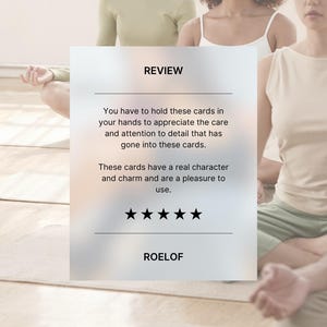 image shows a yoga studio with yogis in a seated position. text is a review which reads ' you have to hold these cards in your hands to appreciate the care and attention to detail that has gone into these cards.  these cards have real character and charm and are a pleasure to use.'