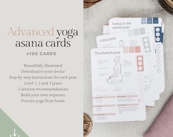 Schede di asana yoga avanzate, 100 posizioni, livelli 1-3 (download digitale)