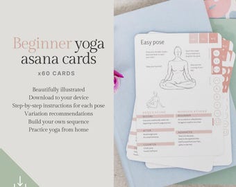 Beginner Yoga Asana Cards, Illustrated Poses, 60 Cards (Digital Download)