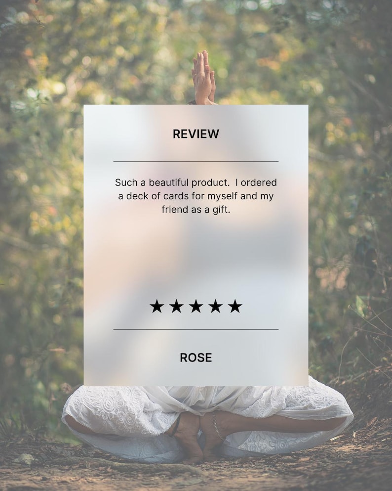 Image of yogi in a yoga pose, with words of a review reading 'Such a beautiful product.  I ordered a deck of cards for myself and my friend as a gift.'