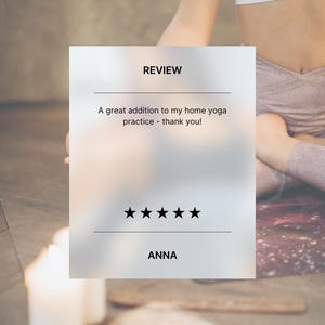 Photo includes an image of a woman in lotus pose, and a review reading ' A great addition to my home yoga practice - thank you'.