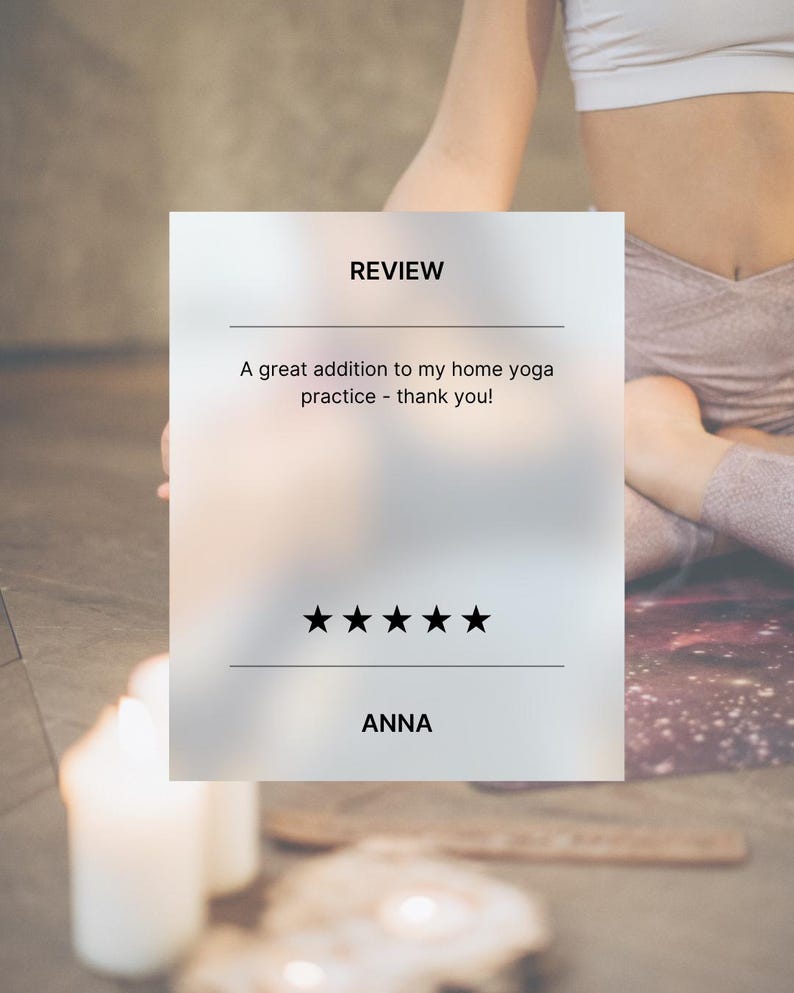 Photo includes an image of a woman in lotus pose, and a review reading ' A great addition to my home yoga practice - thank you'.