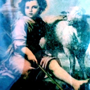 Jesus the Shepherd Boy with Lamb, Framed Art Perfect Dorm Decor or Unique Gift for Her, Antique Convex Glass Picture Inspiring