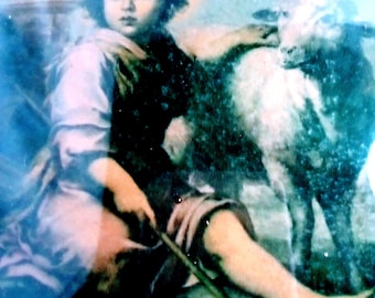 Jesus the Shepherd Boy with Lamb, Framed Art Perfect Dorm Decor or Unique Gift for Her, Antique Convex Glass Picture Inspiring