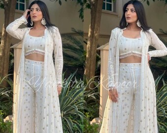 Haut court blanc de créateur indien haut de gamme et palazzo, prêt à l'emploi Salwar kameez pakistanais 3 pièces brodé lourd, haussement d'épaules blanc haut de gamme sharara