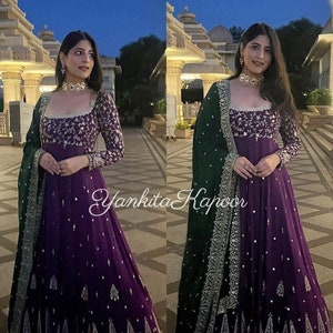 Heavy Designer Partywear Georgette Anarkali Kurti Pant with Dupatta set , Readymade Wedding Dress for women , Salwar kameez Purple Dresses