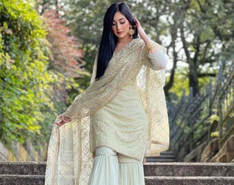 Pakistani Designer Partywear Heavy Work Georgette Kurta Sharara with Dupatta , 3Pc Embroidered Salwar Kameez Readymade Dresses, Wedding Wear