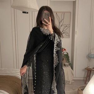 Eid Partywear Black Kurta with Pent and dupatta Pakistani Designer heavy 3 piece Salwar Kameez for Weddings Readymade Dresses suit for eid