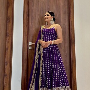 Indian Beautiful Designer Straight Purple Anarkali Kurta & Dupatta Set , 2pc Partywear Festival Ethnic, Muslin Readymade Salwar Kameez Sets