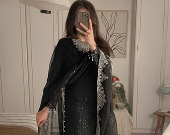 Eid Partywear Black Kurta with Pent and dupatta Pakistani Designer heavy 3 piece Salwar Kameez for Weddings Readymade Dresses suit for eid