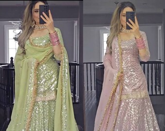 Robe longue brodée lourde de créateur indien avec Georgette Lehenga Dupatta, tenues de soirée/mariage Lehenga surpiquées pour femmes/filles