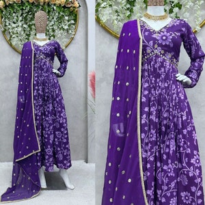 Beautiful Embroidered Georgette Purple Anarkali Gown with Dupatta Set for Women , Readymade Designer Partywear 3 PC Anarkali Suit for Women