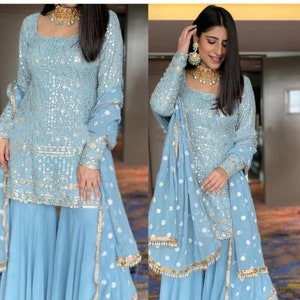 Premium Partywear Indian Designer Women Kurti Sharara with Dupatta Set, Beautiful Pakistani Georgette 3 Pc Salwar Kameez for Wedding/Party