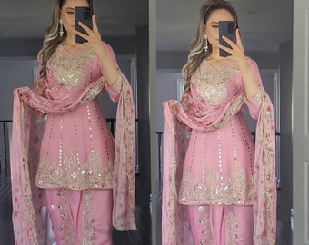 Rosa Punjabi Dhoti Salwar Kameez mit schwerer Stickerei für Frauen, bereit zum Tragen genähter Salwar-Anzug, indische Hochzeitsanzüge, Kleider