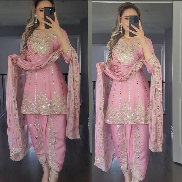 Pink Punjabi Dhoti Salwar Kameez With Heavy Embroidery Work For Women, Ready To Wear Stitched Salwar Suit, Indian Wedding Suits , dresses